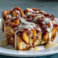 Délicieux Peach Cobbler Cinnamon Roll Bake, des roulés à la cannelle et pêches dorés et moelleux au four.